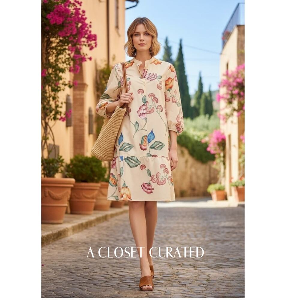 Luisa Cerano Floral Cotton Dress 8 Pink Cream NWOT Balloon Sleeve